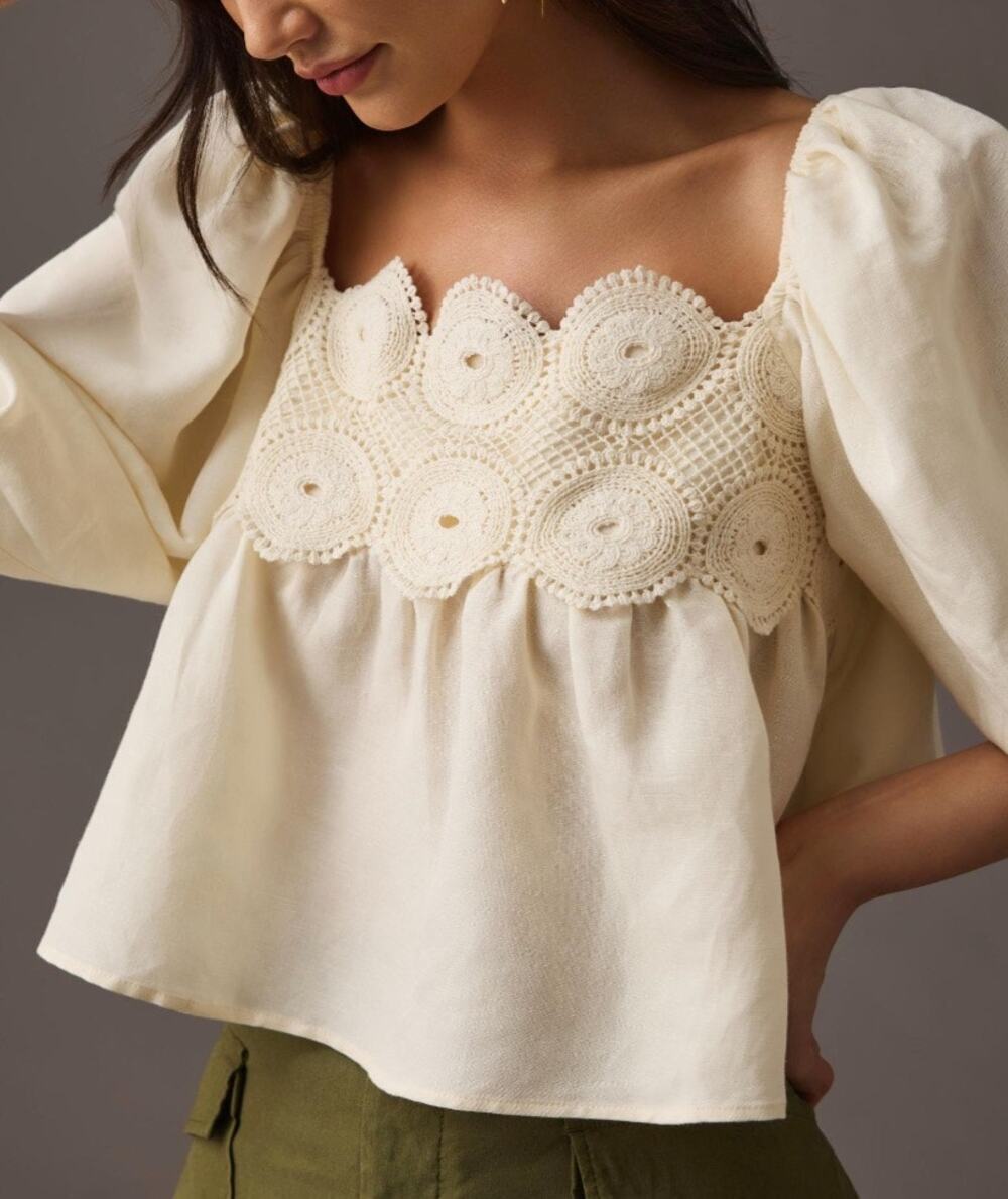 By Anthropologie Cream Crochet Peplum Blouse Natural Neutral Size S